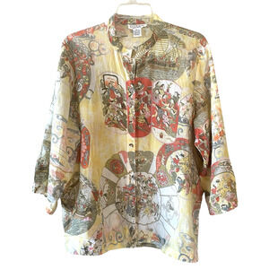CITRON SANTA MONICA Size XL Linen Button-Up 3/4 Sleeve Asian Print Tunic Top